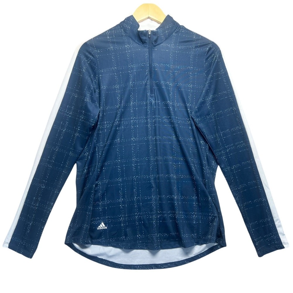 Adidas Primegreen Quarter Zip Pullover‎ Womans Navy Blue Grid Pattern Retro